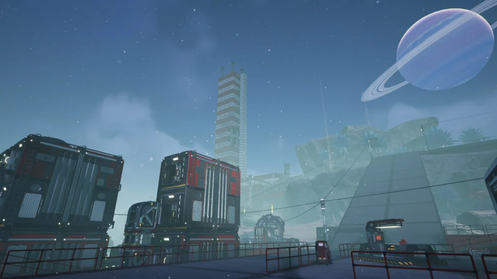 Screenshot from the game Satisfactory. The view includes a tower in the background in the left third, and some storage containers from the game in the lower portion of the photo.