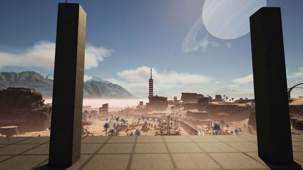 Screenshot from the game Satisfactory. View from my WMD Factory under-construction of the spire in my starter city.
