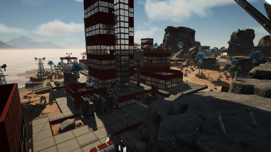 Screenshot from the game Satisfactory. The city is cast in shadow but contains a few short buildings with one extremely tall tower that extends out of frame. There are large transmission power lines in the background running into the distance.