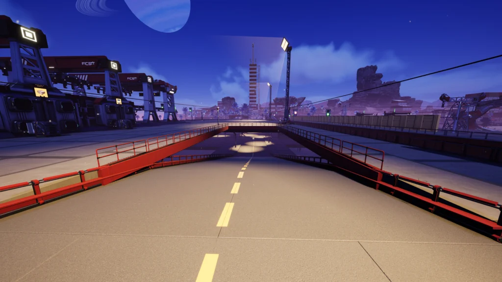 Screenshot from the game Satisfactory. Showing a road leading down underneath some foundations where a road network continues on to connect the parts of the logistics hub with other factories.