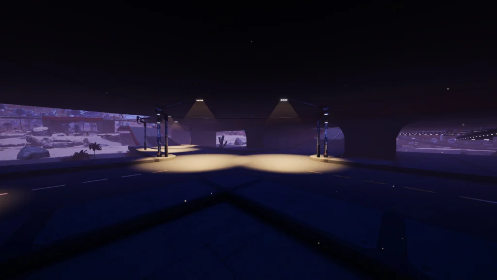 Screenshot from the game Satisfactory. Showing two streetlamps lighting up a road underneath my logistics hub.