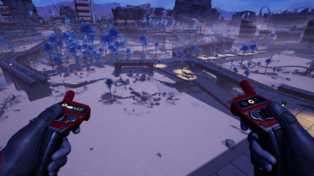 Screenshot from the game Satisfactory. There is a two-track rail line running through this photo, including temporary tracks run in the upper middle.