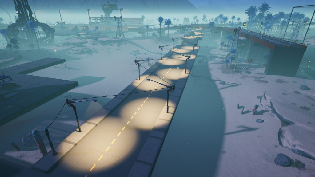Screenshot from the game Satisfactory. Showing a road running through the desert with streetlights and crisscrossing power cables. In the upper right is a rail corridor.