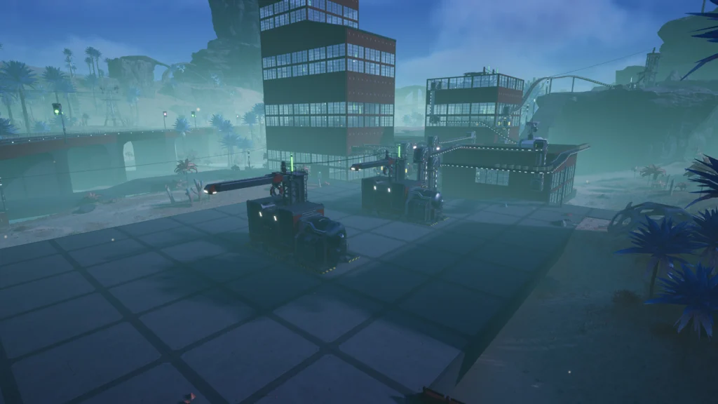 Screenshot from the game Satisfactory. Showing a truck depot with two truck stops in front of a factory town. There is a rail line running in the background on the left.