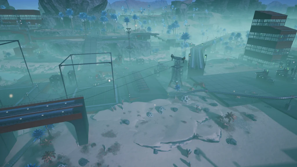 Screenshot from the game Satisfactory. Showing a rail line broken in two segments that are yet-to-be-connected. In the middle there is a power tower, and the HUB area with storage containers and blueprint designers.