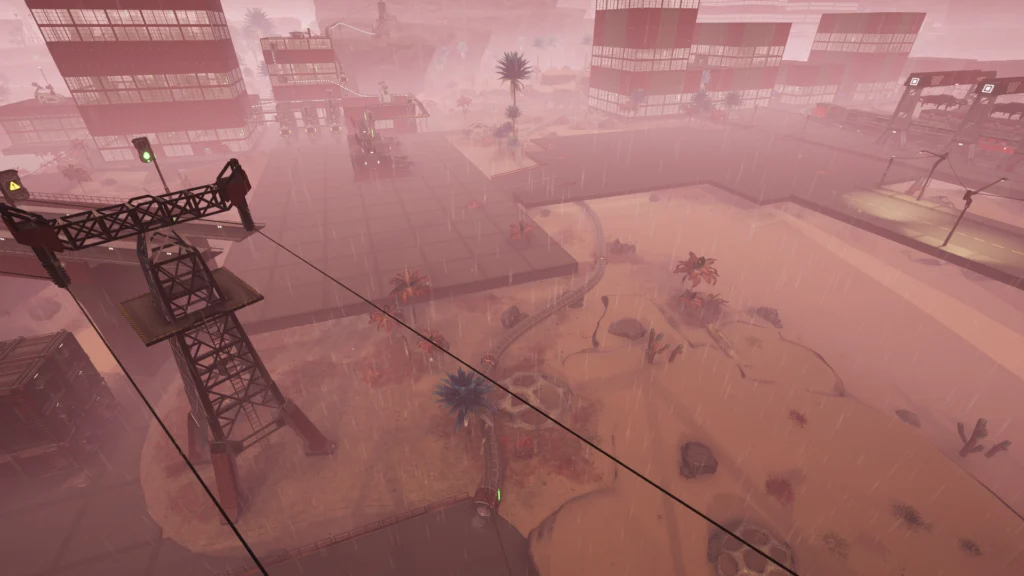 Screenshot from the game Satisfactory. Showing a hypertube snaking around obstacles, and a power tower is sitting in the foreground to the left.