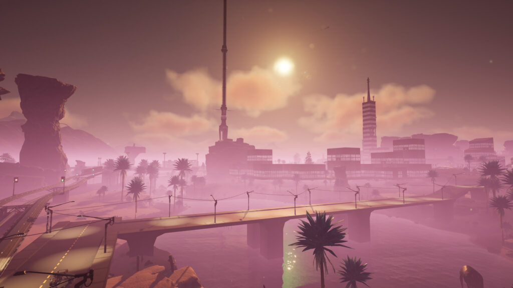 Screenshot from the game Satisfactory. Shows the sun, space elevator and captures a number of factories dotting the skyline. On the left is a rail line and a train is approaching.